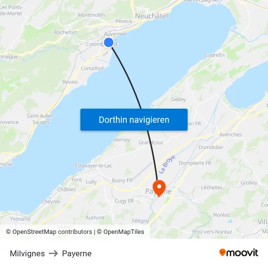 Milvignes to Payerne map
