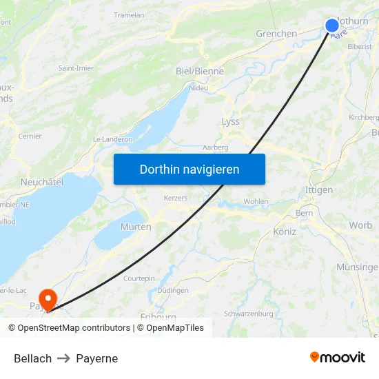 Bellach to Payerne map