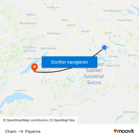 Cham to Payerne map