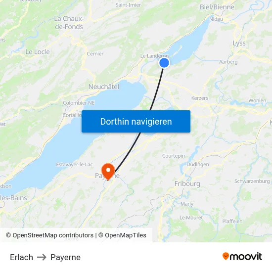 Erlach to Payerne map