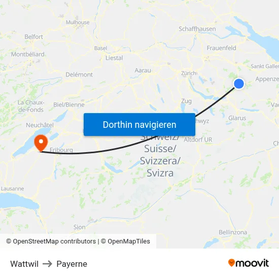 Wattwil to Payerne map