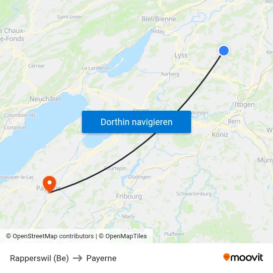 Rapperswil (Be) to Payerne map