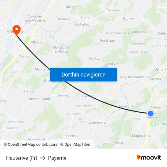 Hauterive (Fr) to Payerne map
