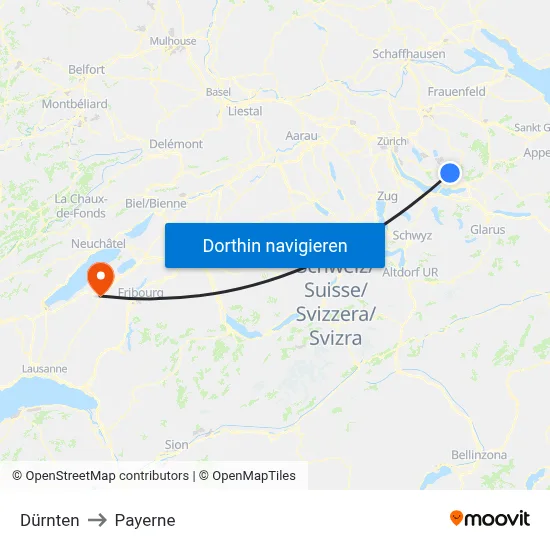 Dürnten to Payerne map
