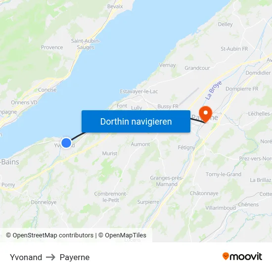 Yvonand to Payerne map