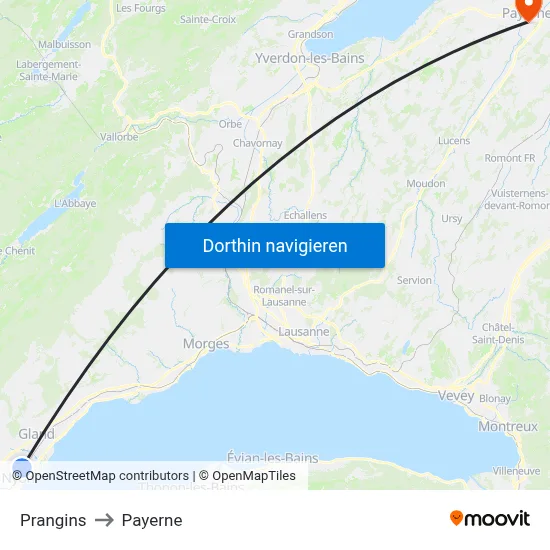 Prangins to Payerne map
