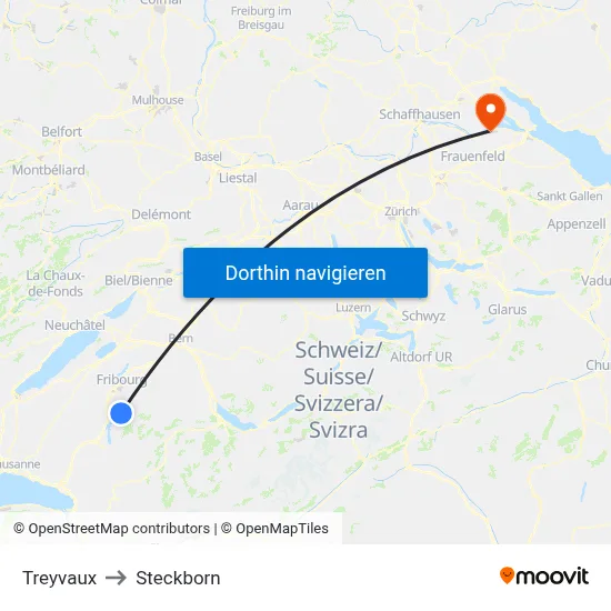 Treyvaux to Steckborn map