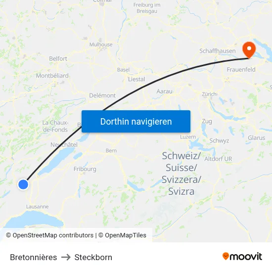 Bretonnières to Steckborn map