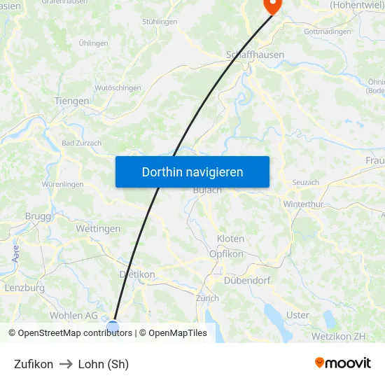 Zufikon to Lohn (Sh) map