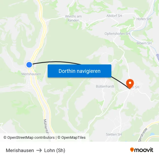 Merishausen to Lohn (Sh) map