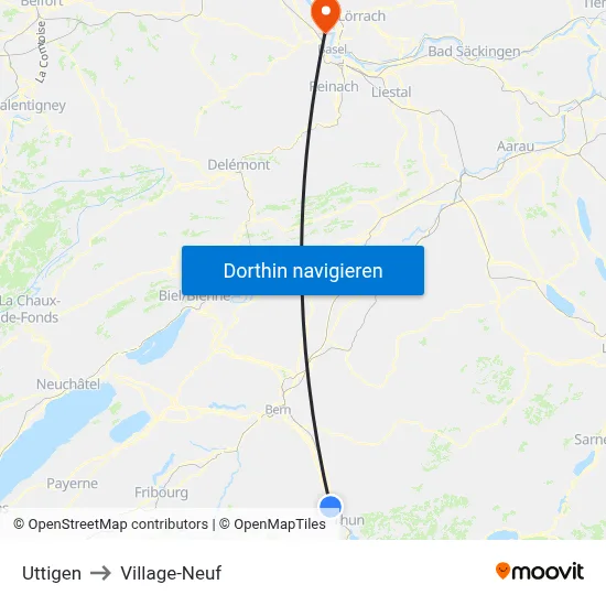 Uttigen to Village-Neuf map