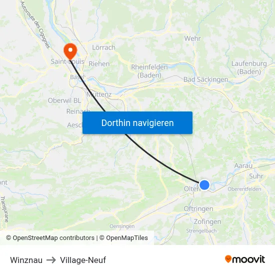 Winznau to Village-Neuf map