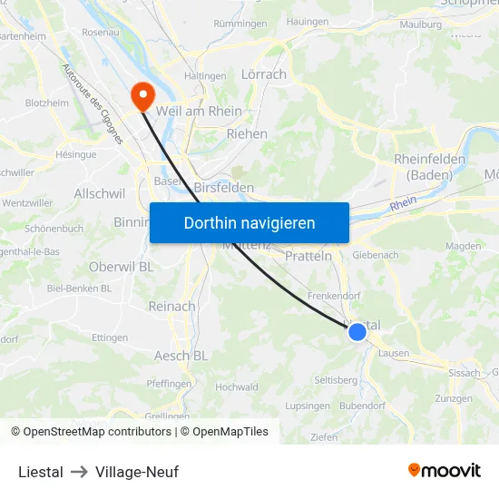 Liestal to Village-Neuf map