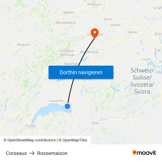 Corseaux to Rossemaison map