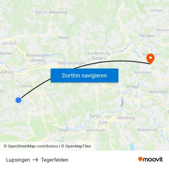 Lupsingen to Tegerfelden map