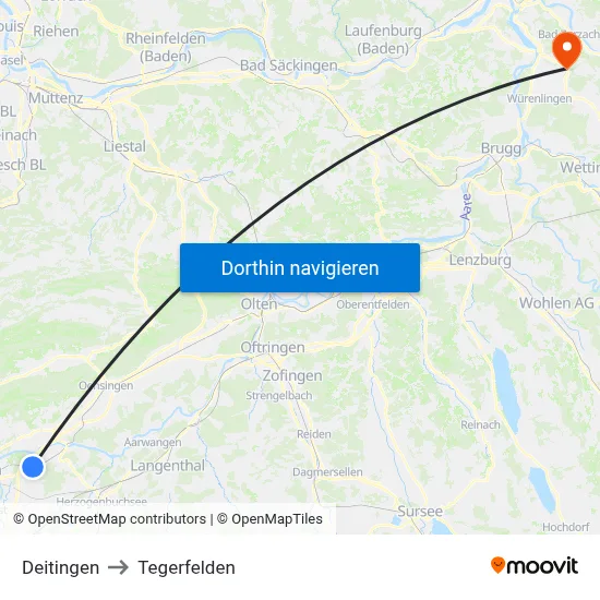 Deitingen to Tegerfelden map