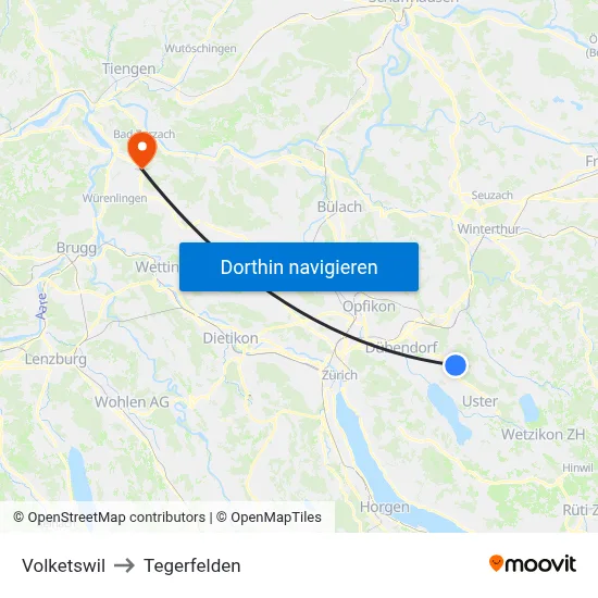 Volketswil to Tegerfelden map