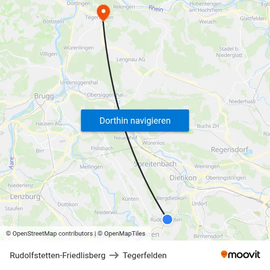 Rudolfstetten-Friedlisberg to Tegerfelden map