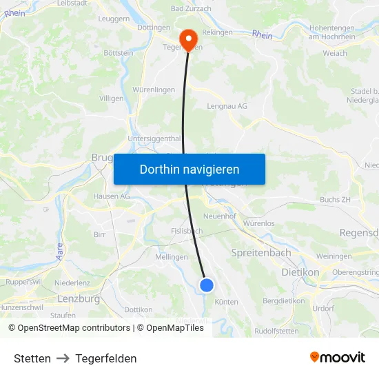 Stetten to Tegerfelden map