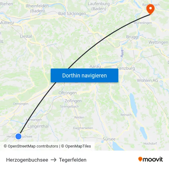 Herzogenbuchsee to Tegerfelden map