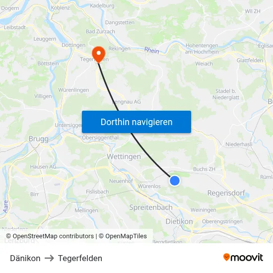 Dänikon to Tegerfelden map