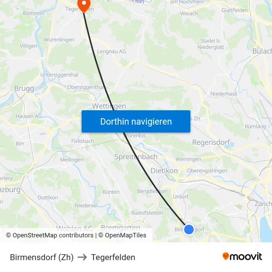 Birmensdorf (Zh) to Tegerfelden map
