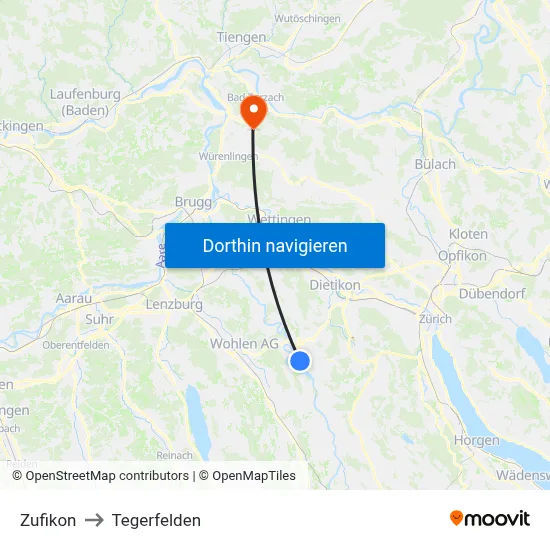 Zufikon to Tegerfelden map
