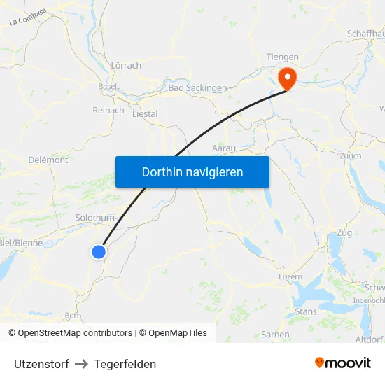 Utzenstorf to Tegerfelden map