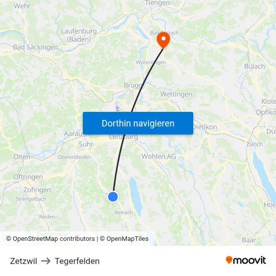 Zetzwil to Tegerfelden map