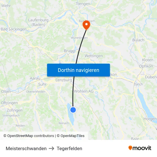 Meisterschwanden to Tegerfelden map