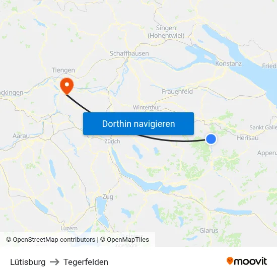 Lütisburg to Tegerfelden map