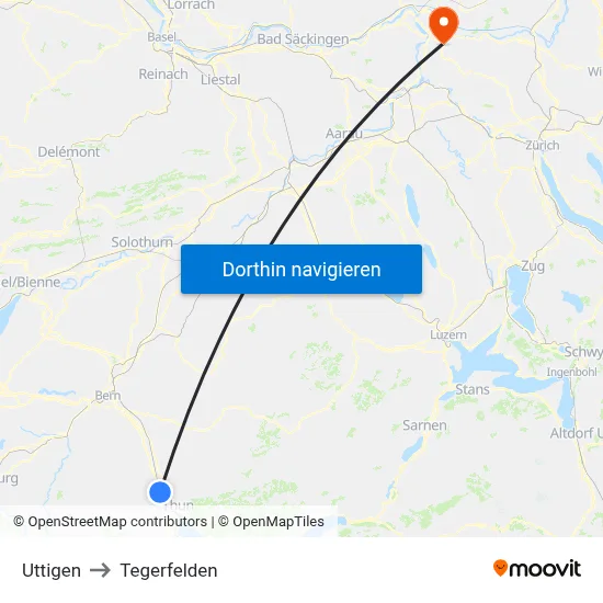 Uttigen to Tegerfelden map