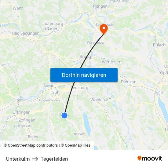 Unterkulm to Tegerfelden map