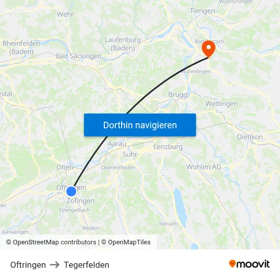 Oftringen to Tegerfelden map