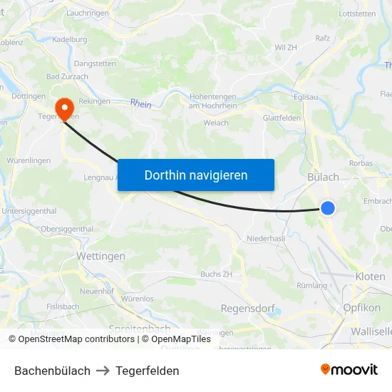 Bachenbülach to Tegerfelden map