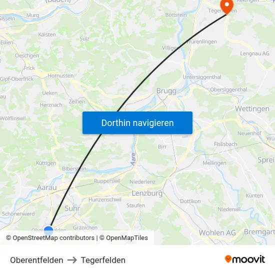 Oberentfelden to Tegerfelden map