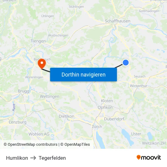 Humlikon to Tegerfelden map