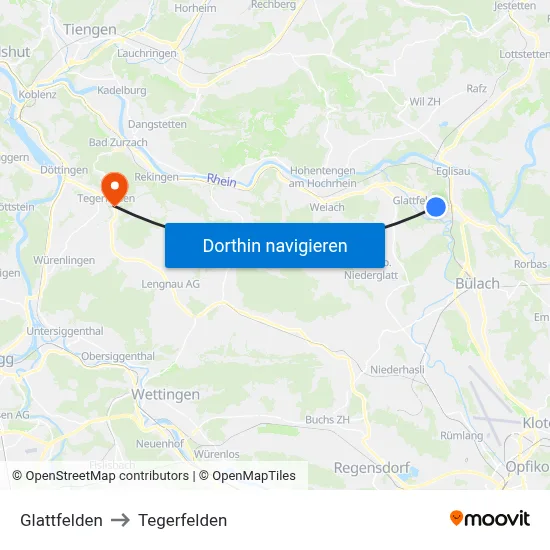 Glattfelden to Tegerfelden map