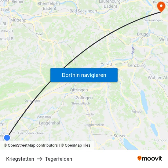 Kriegstetten to Tegerfelden map