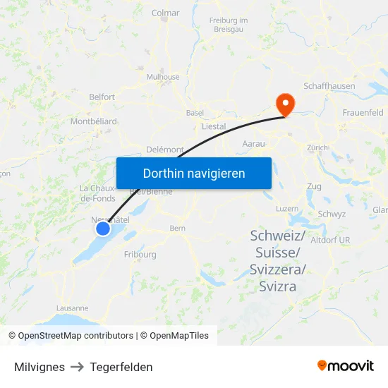Milvignes to Tegerfelden map
