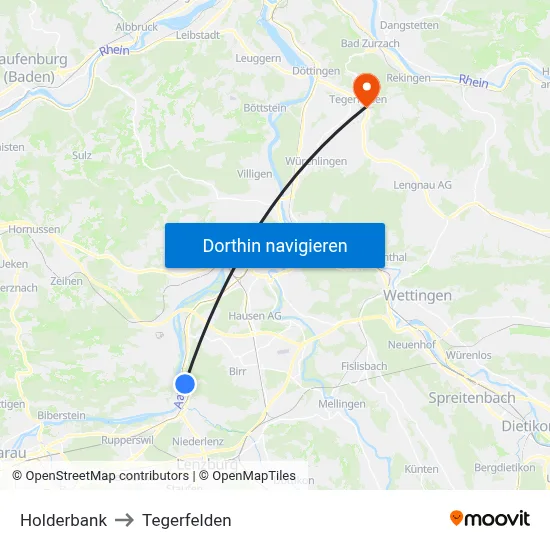 Holderbank to Tegerfelden map