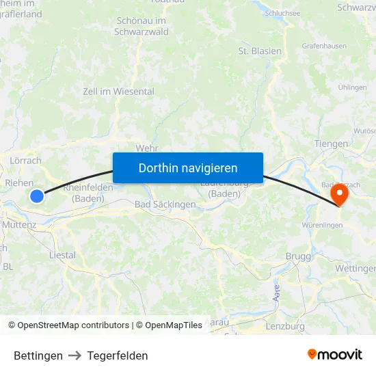 Bettingen to Tegerfelden map
