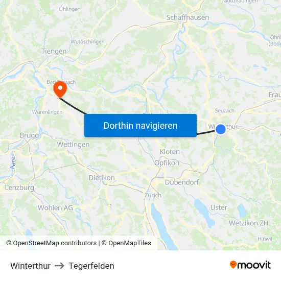 Winterthur to Tegerfelden map