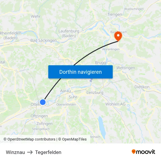 Winznau to Tegerfelden map
