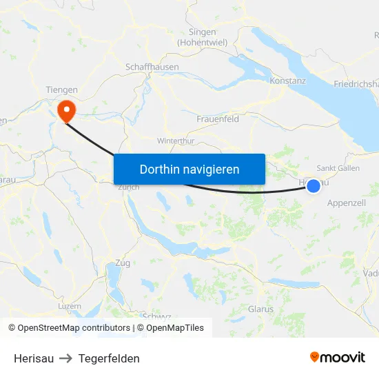 Herisau to Tegerfelden map