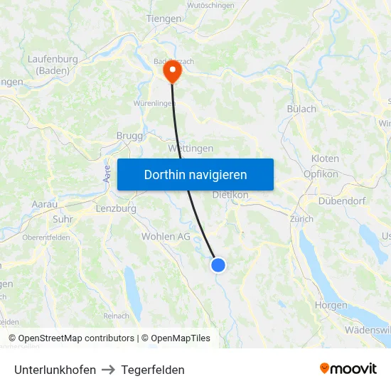 Unterlunkhofen to Tegerfelden map