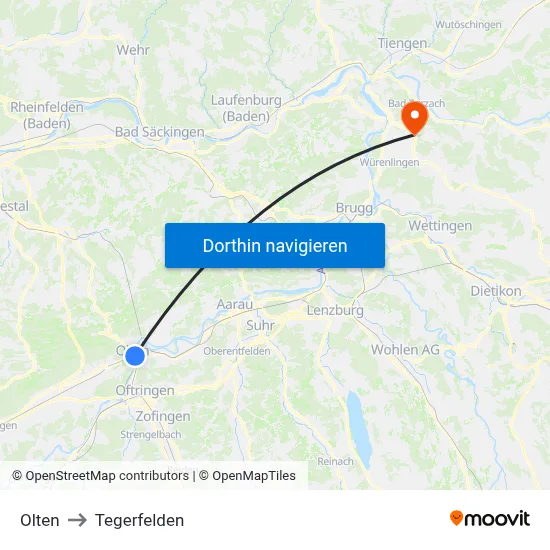 Olten to Tegerfelden map