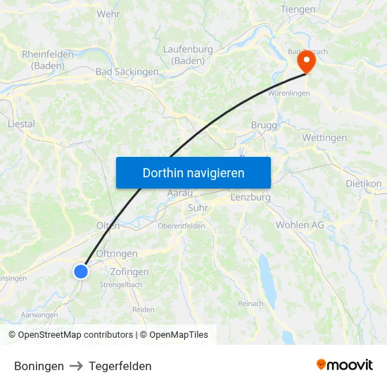 Boningen to Tegerfelden map