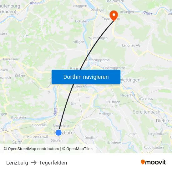 Lenzburg to Tegerfelden map