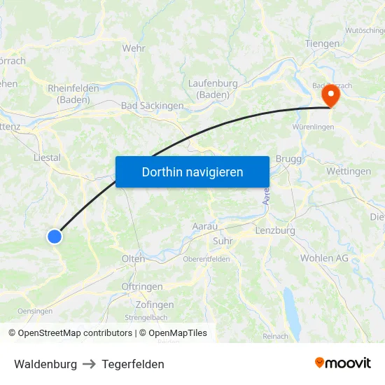 Waldenburg to Tegerfelden map